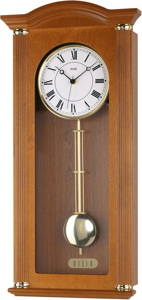 AMS Funk-Pendelwanduhr F5014/9 (Quarzuhr, Holz-/Glasgehäuse, Erle Kirsche,Esszimmer,Made in Germany) von AMS