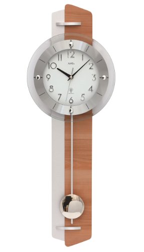 AMS Funk Pendelwanduhr mit Quartzwerk. Kernbuche mit Aluminium. Höhe x Breite x Tiefe = 70 x 27 x 7cm von AMS