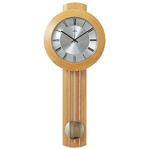AMS - Funk Wanduhr - Funkuhr mit Pendel - Holz Buche massiv - Pendeluhr von AMS