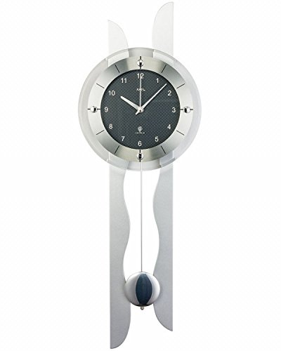 AMS Funk-Wanduhr mit Pendel in einem modernen Design, Farbe Silber: Ziffernblatt in Carbon-Optik, analoge Zeitwiedergabe von AMS