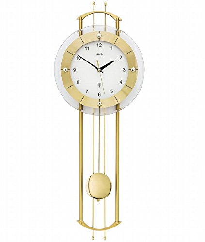 AMS Funkwanduhr 5257 mit glänzendem, messingfarbenem Pendel elegante Funk Pendeluhr Design Wanduhr von AMS