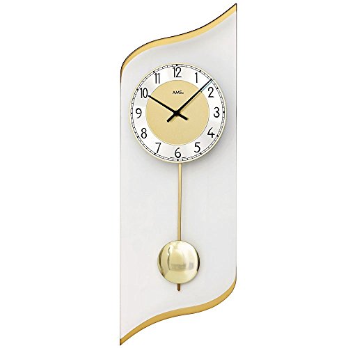 AMS Pendeluhr 7437 Wohnzimmer Wanduhr aus geschwungenem Glas Wand Glasuhr mit Metallpendel Dekouhr von AMS