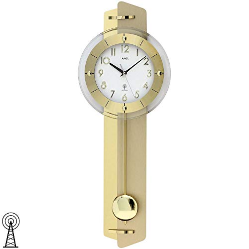 AMS Pendelwanduhr Wanduhr mit Pendel Funk Messing-Applikation auf Holzrückwand von AMS