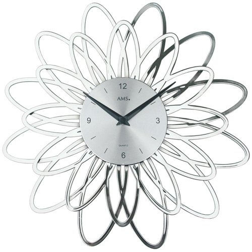 AMS Quarz Wanduhr silberfarben , florales Design in Kunststoff von AMS