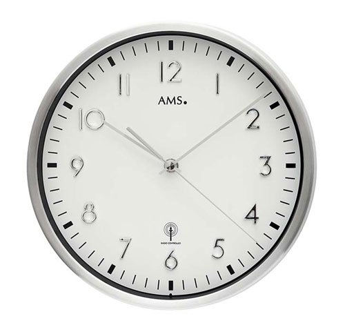 AMS Wanduhr 5912 Funk Metallgehäuse aus gebürstetem Aluminium Mineralglas von AMS