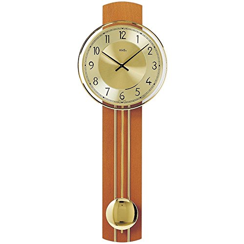 AMS Wanduhr 7115/9 Quarz mit Pendel Metallpendel Holz Pendeluhr Massivholz kirschbaumfarben lackiert von AMS