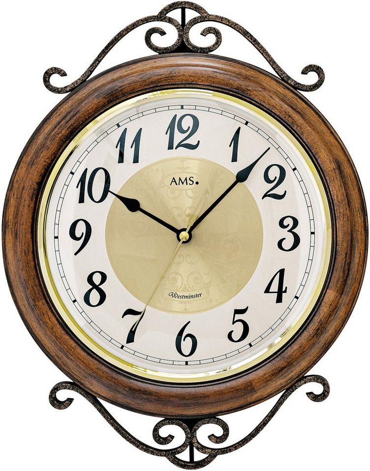 AMS Wanduhr W9565 (Quarzuhr,Holz,Esche nussbaumfarben,Wohnzimmer,Esszimmer,Küche,Flur) von AMS