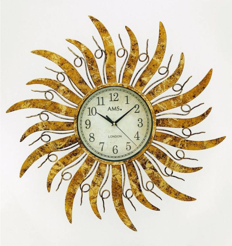 AMS Wanduhr W9639 (Quarzuhr, Metall, Sonne, Wohnzimmer, Esszimmer, Küche, Schlafzimmer) von AMS