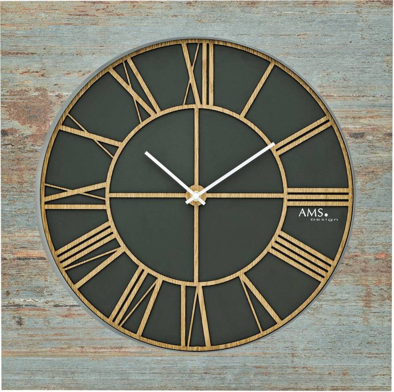 AMS Wanduhr W9640 (Quarzuhr, Holzgehäuse, skelettiertes Zifferblatt, Wohnzimmer,Esszimmer) von AMS