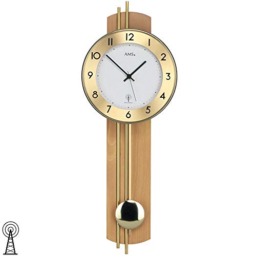 AMS Wanduhr mit Pendel Funk Holzrückwand Buche furniert Messingstäbe von AMS