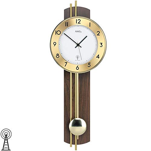AMS Wanduhr mit Pendel Funk Holzrückwand Nussbaum furniert Messingstäbe von AMS