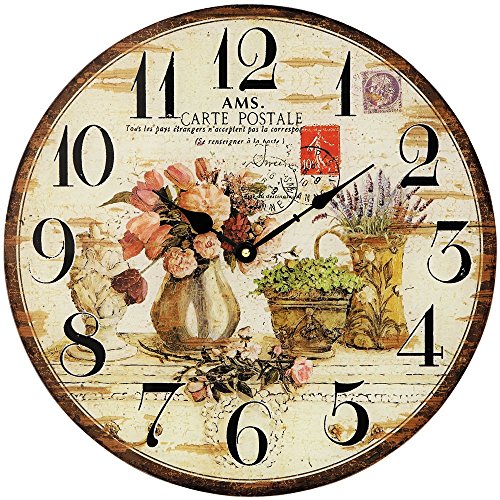 AMS design 9466 Wanduhr Quarzuhr in Holz Optik Vintage Look mit Blumen Motiv Neu von AMS