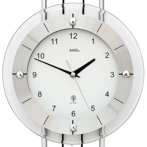 CV AMS 5248 Wanduhr Funk Funkwanduhr mit Pendel silbern modern Pendeluhr mit Glas von AMS