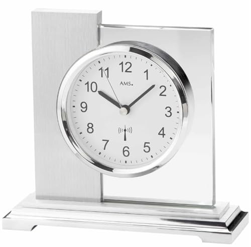 Funkuhr Tischuhr Funk silberfarbenes Metallgehäuse geschliffenes Mineralglas von AMS