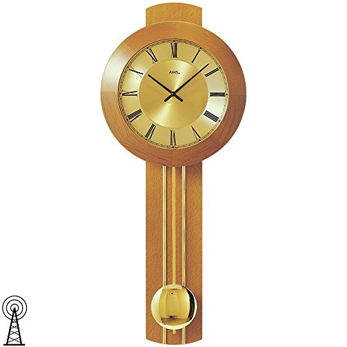 Funkwanduhr Wanduhr mit Pendel Funk Massivholz kirschbaumfarben lackiert von AMS