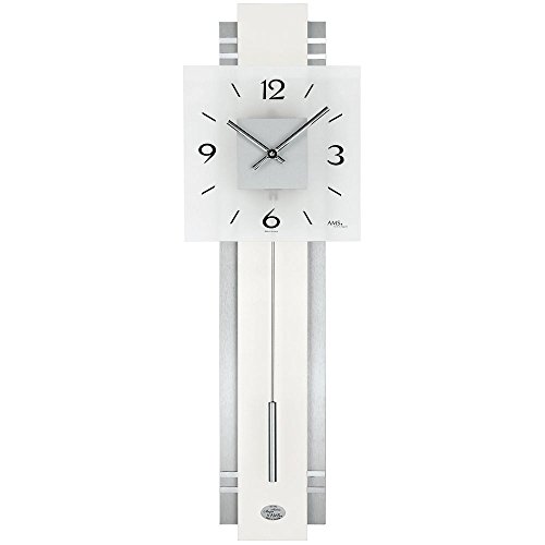 Hochwertige AMS 7302 Pendel Wanduhr geräuscharm, Pendeluhr Wohnzimmer modern aus Holz Metall und Glas-Ziffernblatt, schmaler Pendel von AMS