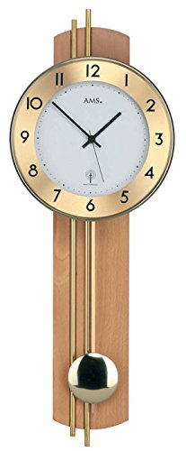 Pendeluhr AMS 5266 / 18 Wanduhr mit Pendel Funk , Holzrückwand Buche furniert , Messingstäbe by AMS von AMS