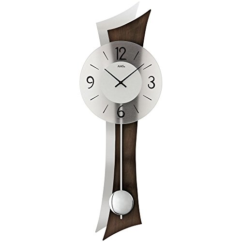 Pendeluhr von AMS. design, große Pendelwanduhr Wohnzimmeruhr modern geräuscharm mit einem Metallpendel Silber glänzend, Wanduhr Rückwand Holz Aluminium Kombi von AMS