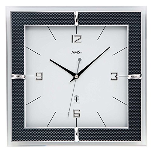 design Wanduhr 5855 von AMS moderne Funkuhr Schwarz Weiß Zeiger Carbon Aluminium von AMS
