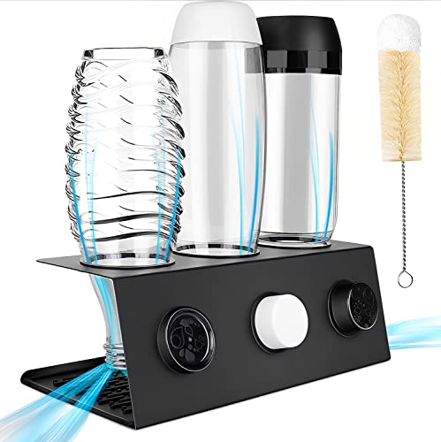 AMSAMOTION Flaschenhalter kompatibel mit SodaStream und gängige Wasserflaschen, 3er Edelstahl Abtropfhalter, Abtropfständer Abtropfgestell Silikonschutzringe, Abtropfmatte Flaschenbürste Deckelhalter von AMSAMOTION