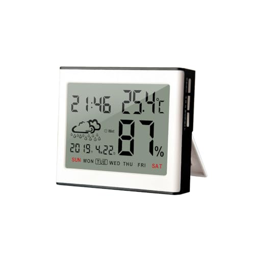 AMSLSIU Thermometer 10 99RH Einstellbarer Desktop Hygrometer Detektor Datumsuhr Kunststoff Innentemperatur Luftfeuchtigkeitsmesser, Weiß von AMSLSIU