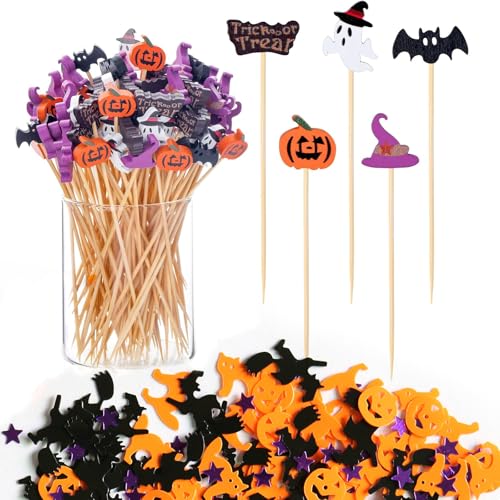 100 Stück Halloween Cocktailspieße und 15g Papierklappen, Hölzerne Cocktail Zahnstocher, Geist Fledermaus Spinne Kürbis Partyspieße Cocktail Sticks für Halloween Horror Thematische Party Dekoration von AMSNINK