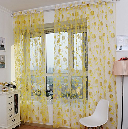 AMSS 2er Pack Druck Blumen Voile Tür Vorhang Fenster Paravent Schal Vorhang H x B 200x270CM (Gelb) von AMSS