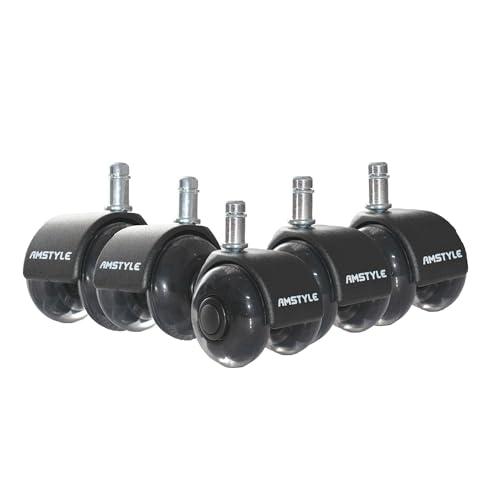 AMSTYLE 5er Set leichtgängige Universal-Schwerlastrollen für Bürostuhl 11 mm Stift/Durchmesser 50 mm, Leise Premium Hartbodenrollen Bürostuhlrollen, Drehstuhlrollen Schwarz, Doppellaufrollen von AMSTYLE