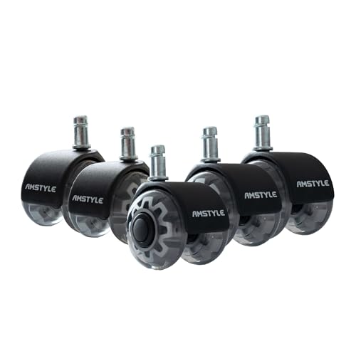 AMSTYLE 5er Set leichtgängige Universal-Schwerlastrollen für Bürostuhl 11 mm Stift/Durchmesser 50 mm, Leise Premium Hartbodenrollen Bürostuhlrollen, Drehstuhlrollen Silber, Doppellaufrollen von AMSTYLE