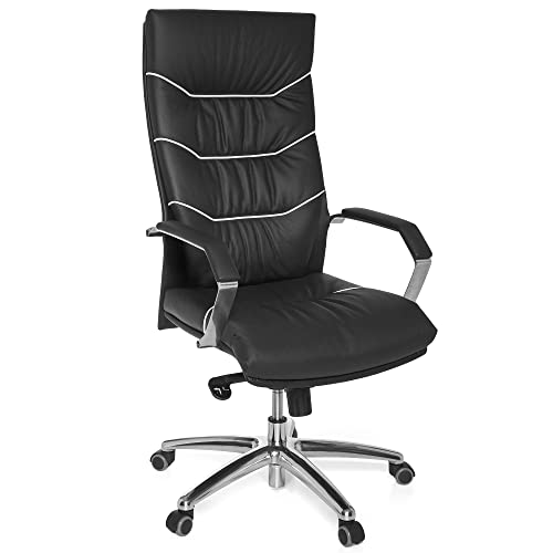 AMSTYLE Bürostuhl Echt-Leder schwarz Schreibtischstuhl, Chefsessel mit Kopfstütze & Multiblockmechanik, Design Drehstuhl verstellbar & hohe Rückenlehne von AMSTYLE