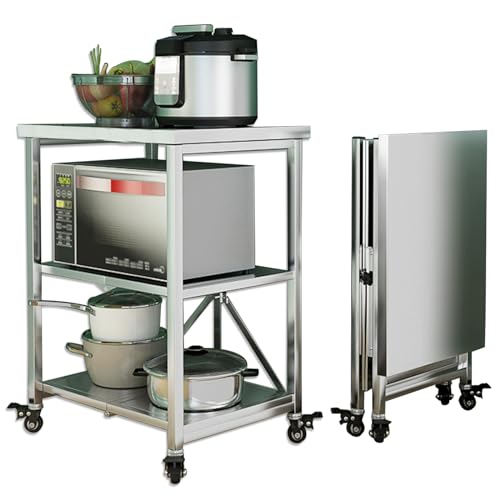 Servierwagen Edelstahl, 3 Böden klappbarer Transportwagen Lagerregal Regalwagen Küchenwagen Rollwagen mit Rollen, Allzweckwagen für Restaurant Hotel Schule Haushaltswagen (Größe : 60X45X80CM) von AMSXNOO