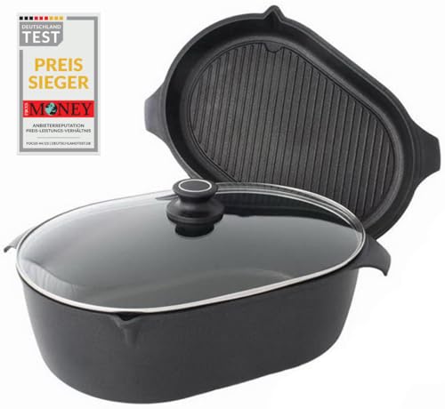 AMT Gastroguss 3er-Set Bräter, bestehend aus Bräter, Gußbräterdeckel mit Grillboden & Glasdeckel, 42 x 28 cm, nicht induktionsgeeignet, Lotan® Antihaft-Veredelung, Gusspfanne (Aluguss), AMZN-4228-Set von AMT Gastroguss