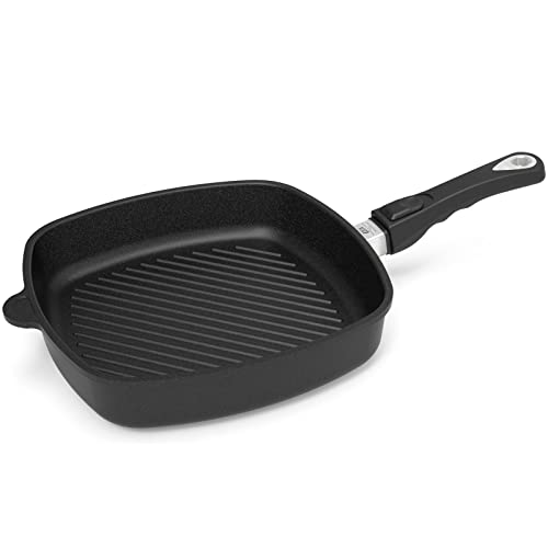 AMT Gastroguss Eckpfanne mit Grillboden, 28 cm x 28 cm, 5 cm hoch, Aluguss (Aluminium), Lotan® Antihaft-Beschichtung für fettfreies Braten, mit abnehmbarem Stiel, AMZN-E285G-Z20B. von AMT Gastroguss