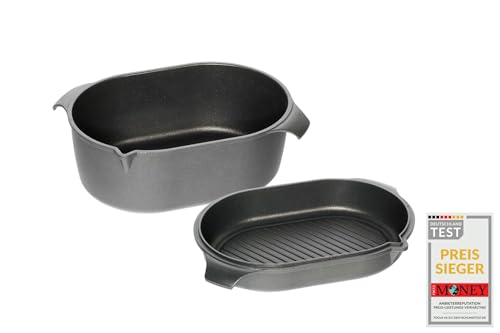 AMT Gastroguss Klaus grillt German Oven Set, große Ausführung, 42x28 cm, German Oven Bräter/German Oven Gußdeckel mit Grillboden, Aluguss, Lotan® Antihaft-Veredelung, AMZN-KG-4228-Set von AMT Gastroguss