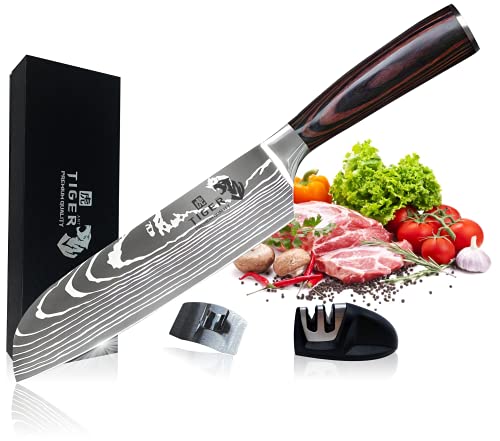 AMT Tiger Santokumesser 18cm Küchenmesser aus Deutschem Edelstahl, Sushi Messer Kochmesser Profi Messer mit Fingerschutz und Messerschärfer in Geschenkbox AMT Tiger Santokumesser 18cm Küchenmesser aus Deutschem Edelstahl, Sushi Messer Kochmesser Profi Messer mit Fingerschutz und Messerschärfer in Geschenkbox von AMT Tiger