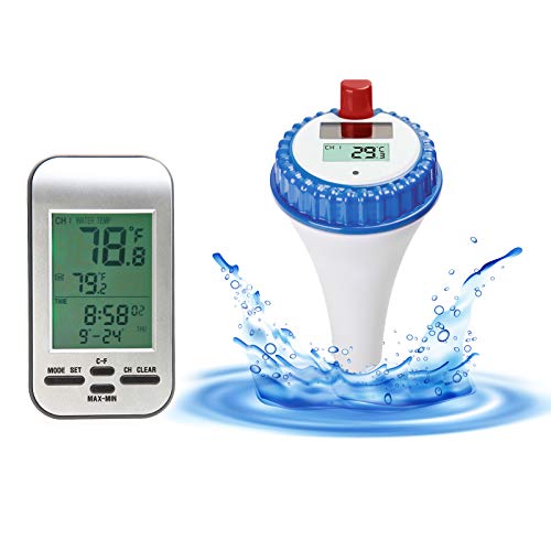AMTAST Kabelloses Solar-Schwimmbad-Thermometer mit Kalender-Wecker für Außen-Schwimmbäder, Spas, Whirlpools, Teiche Digitaler schwimmender Temperaturmesser WT0224 von AMTAST