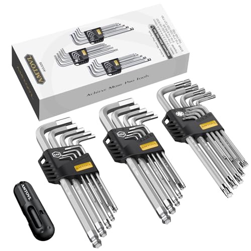 AMTOVL Sechskantschlüssel Satz, Magnetischer S2 Stahl 27PCS Sechskantschlüssel & Sternschlüssel Satz mit T-Griff Innensechskant Satz SAE(1/16"-3/8") Metrisch(1.5mm-10mm) Stern(T10-T50) von AMTOVL