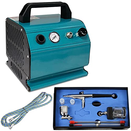 AIRBRUSH SET KOMPRESSOR Profi-AirBrush Beauty Set I Kit mit sehr leisem Airbrush Kompressor - UNIVERSAL-AIRBRUSH-PISTOLE DOUBLE-ACTION inkl. 3 Düsen + Nadeln + Fliesbecher + Glas und Druckluftschlauch von AMUR