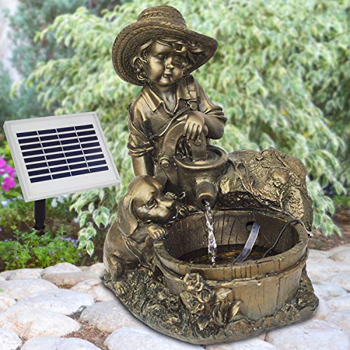 AMUR Garten Brunnen Solar KNABE mit Hund am BRUNNEN Teichpumpe Solar Springbrunnen Gartenbrunnen Wasserspiel Set Solar Pumpe Teichpumpe für Terrasse Teich Garten Gartenteich Solarteichdekoration von Amur