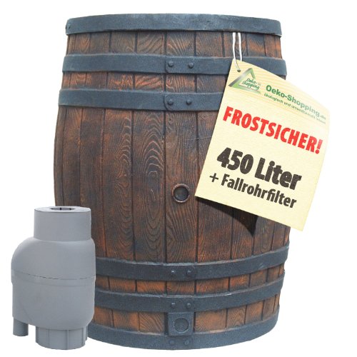 REGENTONNE REGENFASS WASSERFASS REGENWASSERBEHÄLTER REGENWASSERFASS GARTENFASS (Eichenfass 450l mit T33 Grau) von AMUR