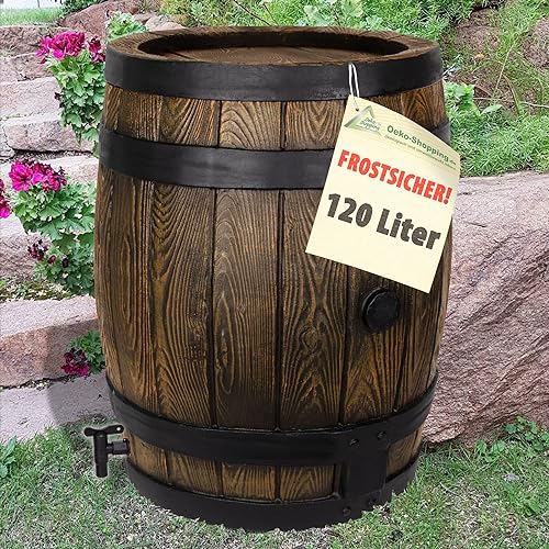 AMUR Regentonne Eichenfass 120 Liter REGENFASS FROSTSICHERES Regenfass mit Deckel und Wasserhahn, schöner Fast unverwüstlicher Regenspeicher Braun von AMUR