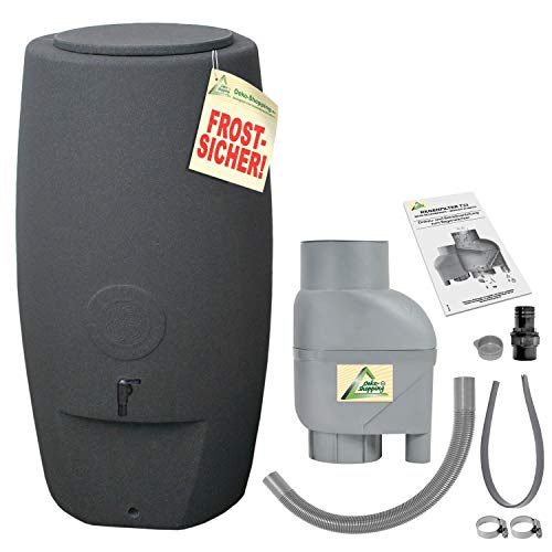 AMUR Regentonnen Regewassertonnen Säule 250l anthrazit inkl. Fallrohrfilter T33 grau- das schlanke Regen-Wasser-Tonne! Regespeicher Regenbechälter. Kompakt und Praktisch mit viel Volumen von AMUR