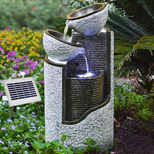 Solar Gartenbrunnen Brunnen Solarbrunnen Zierbrunnen Wasserfall Gartenleuchte Teichpumpe für Terrasse, Balkon, verbessertes Modell mit Pumpen-instant-Start-Funktion mit Liion-Akku & Led-Licht (V002) von Amur