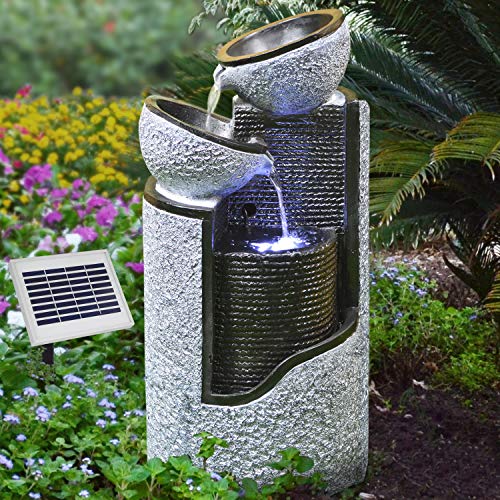 Solar Gartenbrunnen Brunnen Solarbrunnen Zierbrunnen Wasserfall Gartenleuchte Teichpumpe für Terrasse, Balkon, verbessertes Modell mit Pumpen-instant-Start-Funktion mit Liion-Akku & Led-Licht (V002) von AMUR