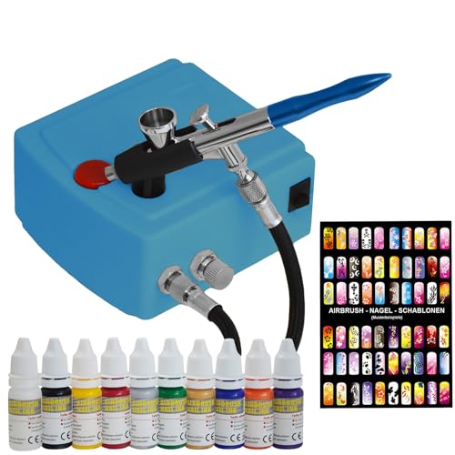 Airbrush Kompressor Set Komplett Set- Mini Kompressor Carry I Gelb - mit Nail Farben und Schablonen-Set, Universal Airbrushpistole Single Action mit 0,3 mm Nadel-/Düsen-Set von AMUR