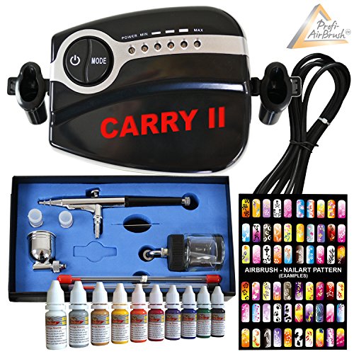 Airbrush Kompressor Set Komplett Set- Mini Kompressor Carry II Black - mit Nail Farben und Schablonen-Set, Universal Airbrushpistole Dauble Action mit 0,2mm / 0,3mm / 0,5mm mm Nadel-/Düsen-Set von AMUR