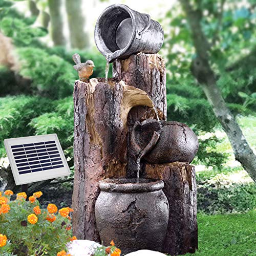 Solar Gartenbrunnen Brunnen Solarbrunnen Zierbrunnen Wasserfall Gartenleuchte Teichpumpe für Terrasse, Balkon, verbessertes Modell mit Pumpen-instant-Start-Funktion mit Liion-Akku & Led-Licht (V001) von AMUR