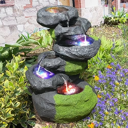 GARTENBRUNNEN BRUNNEN ZIERBRUNNEN VOGELBAD Wasserfall VOGELTRÄNKE GARTENLEUCHTE TEICHPUMPE GARTENDEKO, FELS-Kaskade geschwungen mit Pumpe und 4 RGB LED-Licht-230V (V012) von AMUR