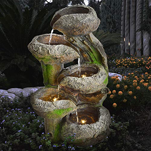 Amur Gartenbrunnen Brunnen Zierbrunnen Zimmerbrunnen Brunnen mit LED-Licht 230V Wasserfall Wasserspiel für Garten, Gartenteich, Terrasse, Teich, Balkon Sehr Dekorativ von Amur