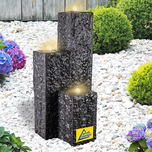 Gartenbrunnen Brunnen Zierbrunnen Zimmerbrunnen Springbrunnen Brunnen 230V Wasserfall Wasserspiel für Garten, Gartenteich, Terrasse, Balkon Sehr Dekorativ (Trio-Basalt-3 mit LED-Licht) von AMUR